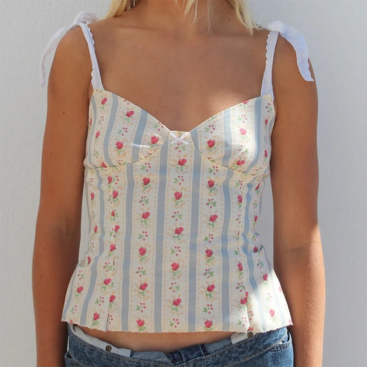 Floral Print Tie-Up Backless Fairycore Crop Top