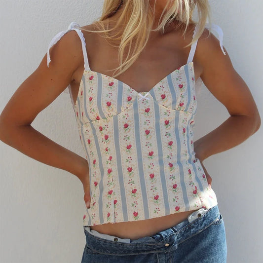 Floral Print Tie-Up Backless Fairycore Crop Top