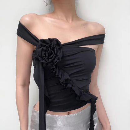 Gothic Backless Aesthetic Flower Ruffles  Off Shoulder Crop Top