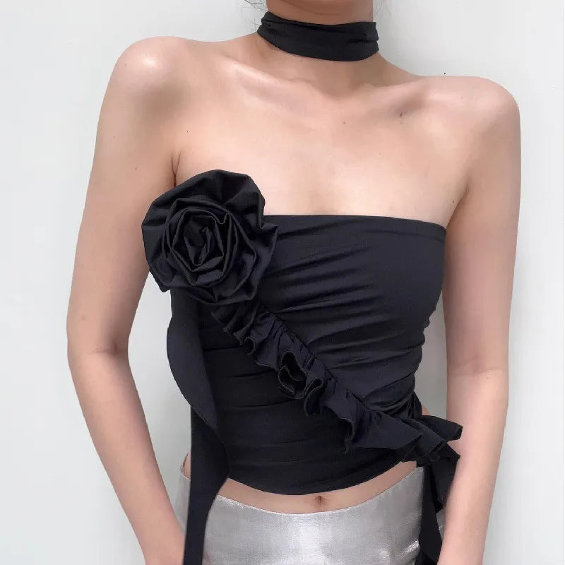 Gothic Backless Aesthetic Flower Ruffles  Off Shoulder Crop Top