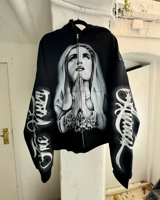 Prayer Portrait Black Zipper Hoodie