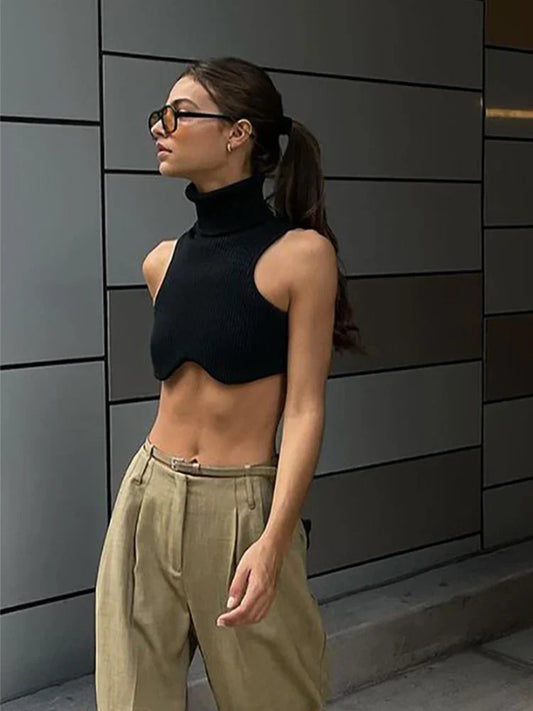 Y2K Black Knitting Turtleneck Crop Women Irregularity Skinny Elasticity Fashion Club Streetwear