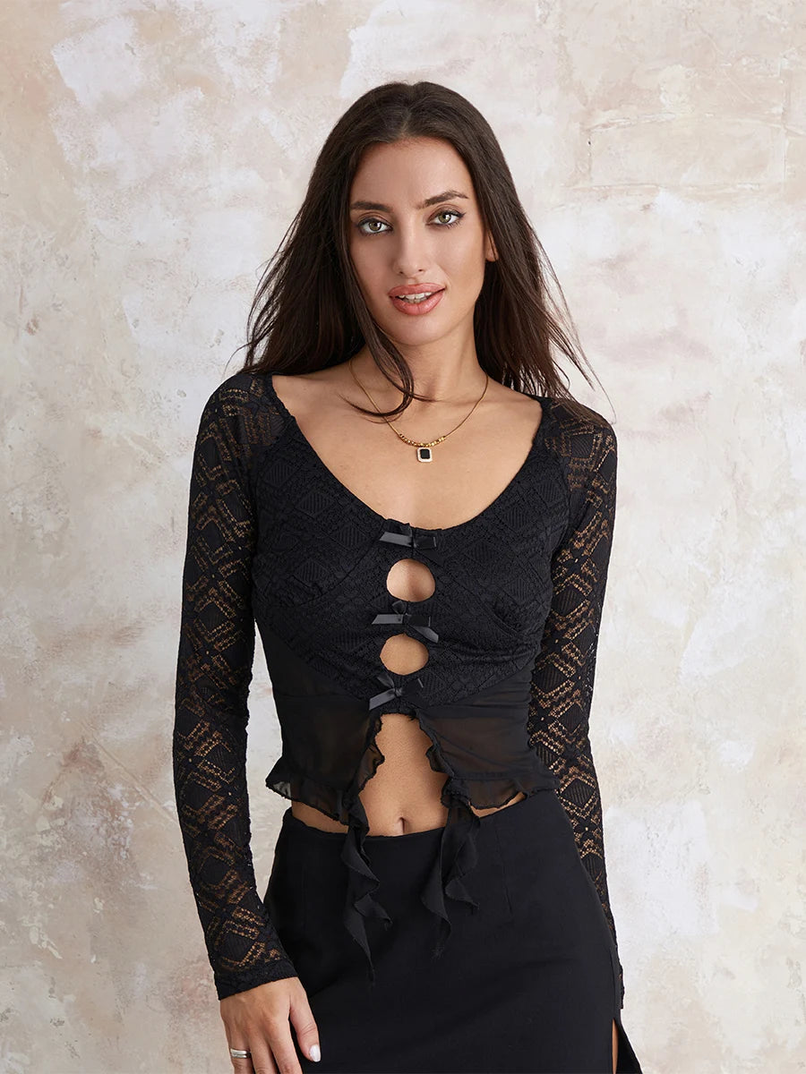 Y2k Lace Sheer Sexy Slim Fit Fairy Long Sleeve Trendy Stylish Classic Crop Top