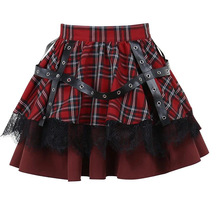 Y2k Lolita Cake Mini Gothic Harajuku Girls Plaid Pleated Sweet Lace Kawaii Skirt