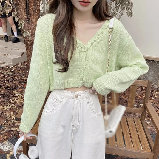 Knitted Cropped Korean V-Neck Y2K Cardigan