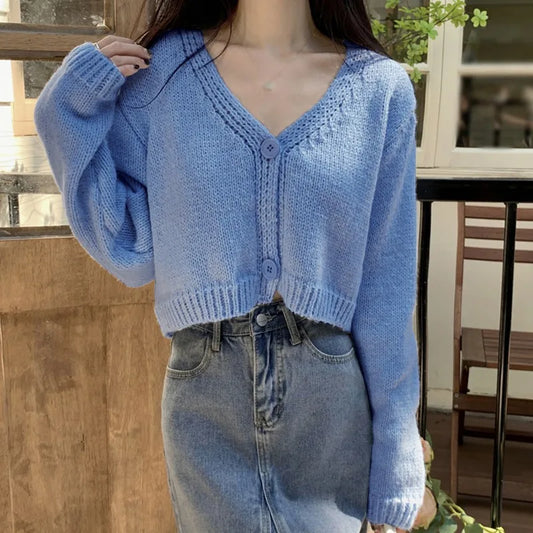 Knitted Cropped Korean V-Neck Y2K Cardigan