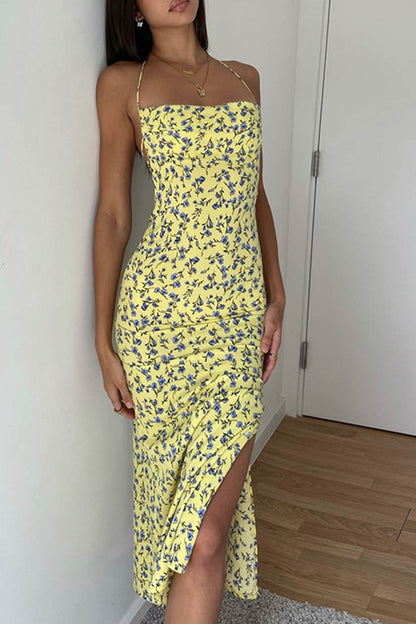 Floral Print Yellow Tie-back Slit Dress