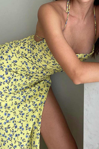 Floral Print Yellow Tie-back Slit Dress