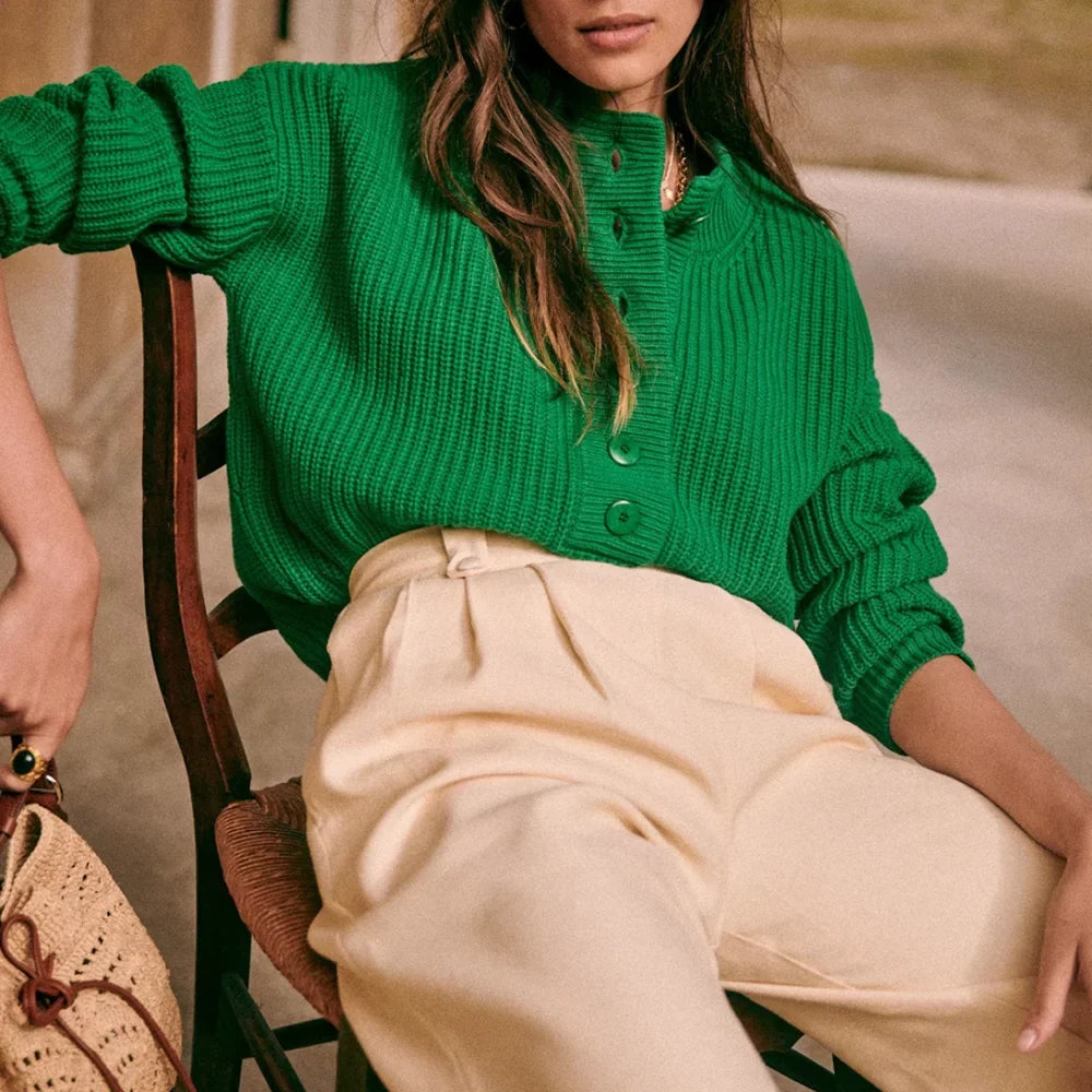 Cozy Warm Jacquard Long Sleeve Button Female Casual Christmas Sweater Green / S Sweaters-L