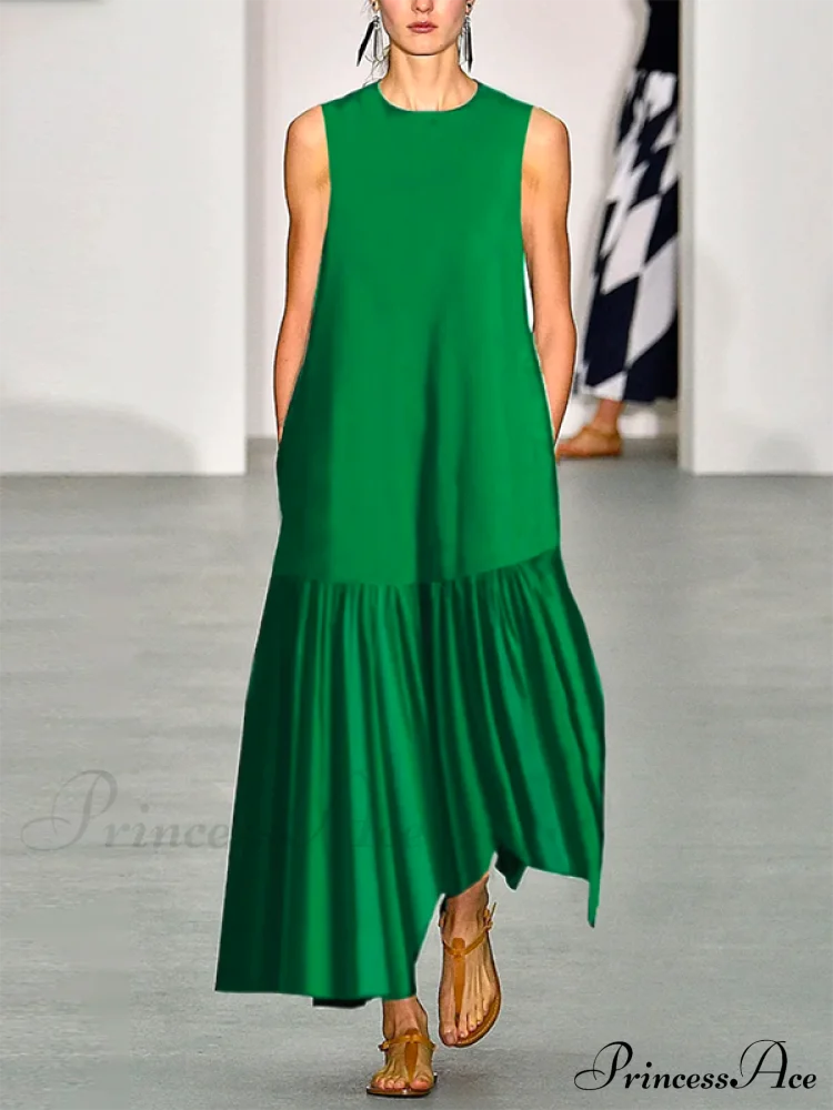 A-Line Long Sleeves Pleated Solid Classic Color Lapel Collar Midi Dresses Green / S Solid-Dresses