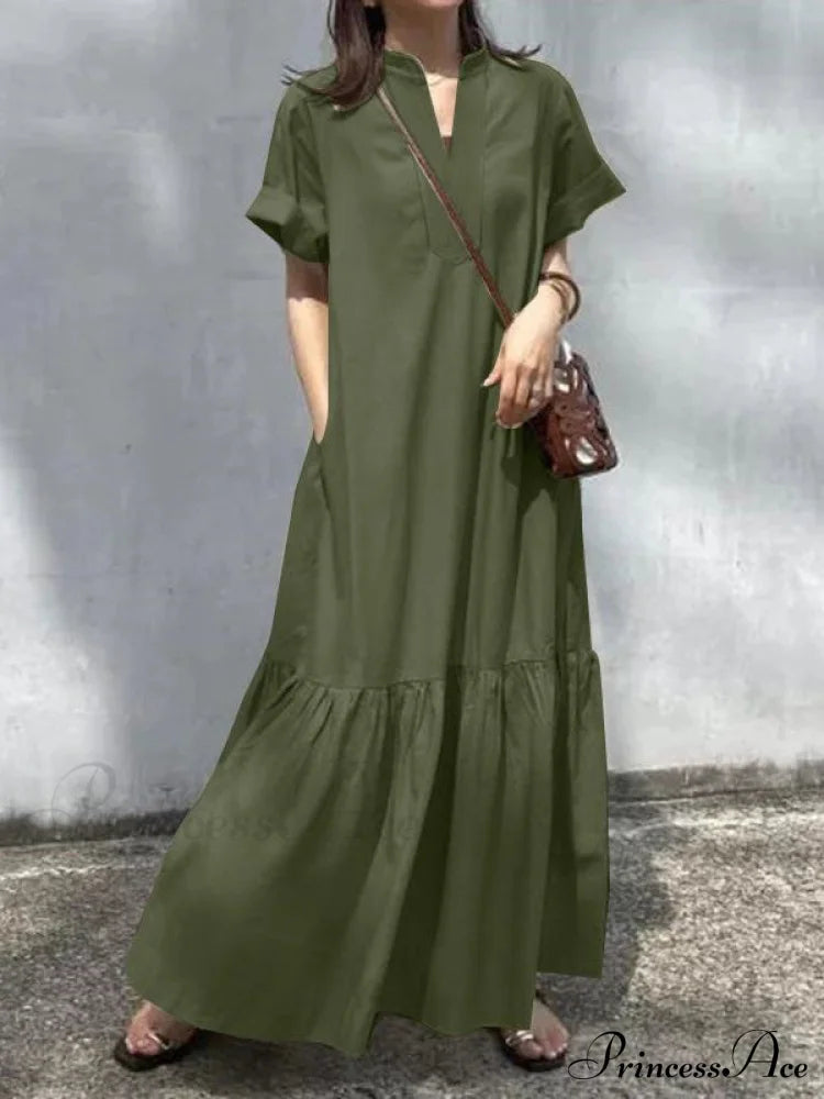 A-Line Loose Solid Color Modern Split-Joint Round-Neck Maxi Dresses Solid-Dresses