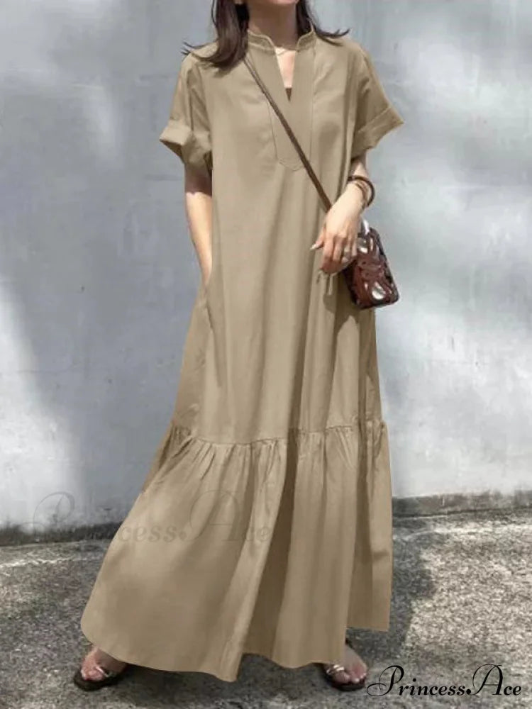 A-Line Loose Solid Color Modern Split-Joint Round-Neck Maxi Dresses Solid-Dresses