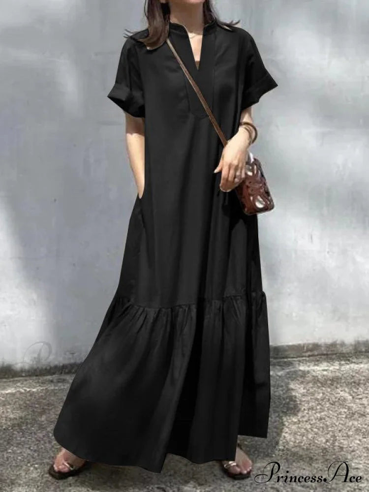 A-Line Loose Solid Color Modern Split-Joint Round-Neck Maxi Dresses Black / S Solid-Dresses