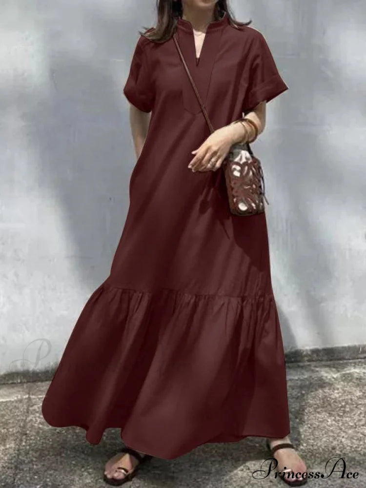 A-Line Loose Solid Color Modern Split-Joint Round-Neck Maxi Dresses Burgundy / S Solid-Dresses