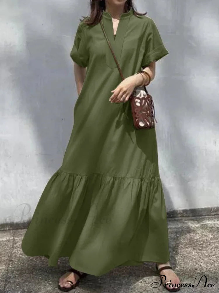 A-Line Loose Solid Color Modern Split-Joint Round-Neck Maxi Dresses Deep Green / S Solid-Dresses