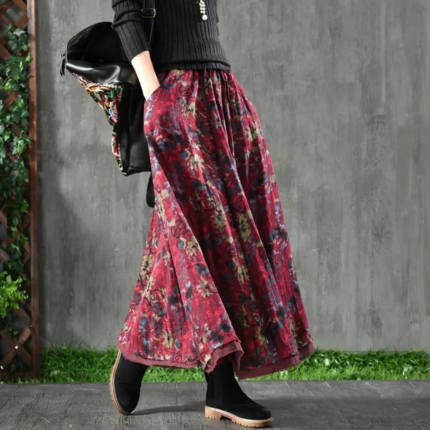 A-Line Pleated Autumn Floral Long Skirt with Pockets Red Skirts / One Size