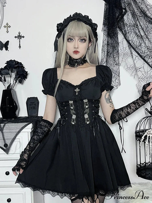 A-Line Pleated Hem Swing Harajuku Summer Lolita Lace Trim Y2K Retro Grunge Streetwear Dress Black /