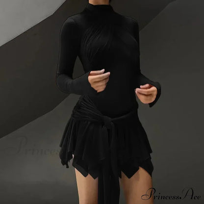 A-Line Pleated Mesh Sheer Mini Dress Black / S