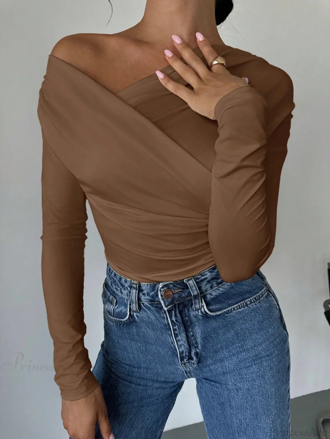 A-line Shoulder Long Sleeve Slim Knitted T-shirt Women brown / XS knittop-250126