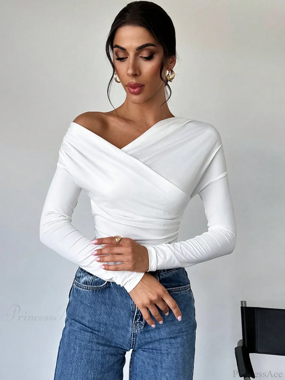 A-line Shoulder Long Sleeve Slim Knitted T-shirt Women white / XS knittop-250126
