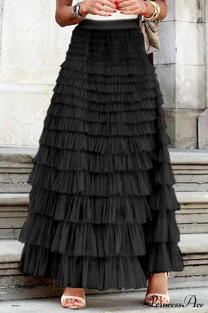 A-Line Tiered Mesh Skirt Black / M Skirts