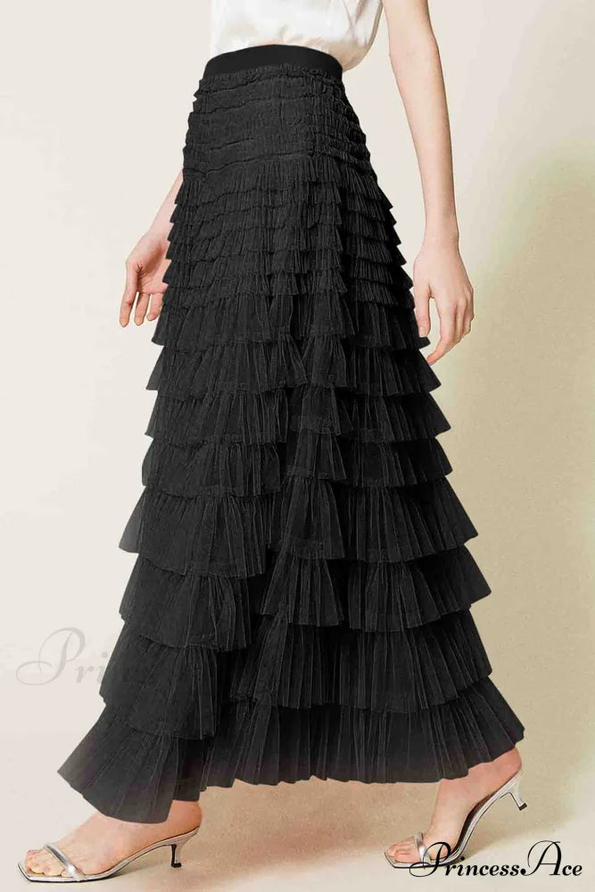 A-Line Tiered Mesh Skirt Black / S Skirts