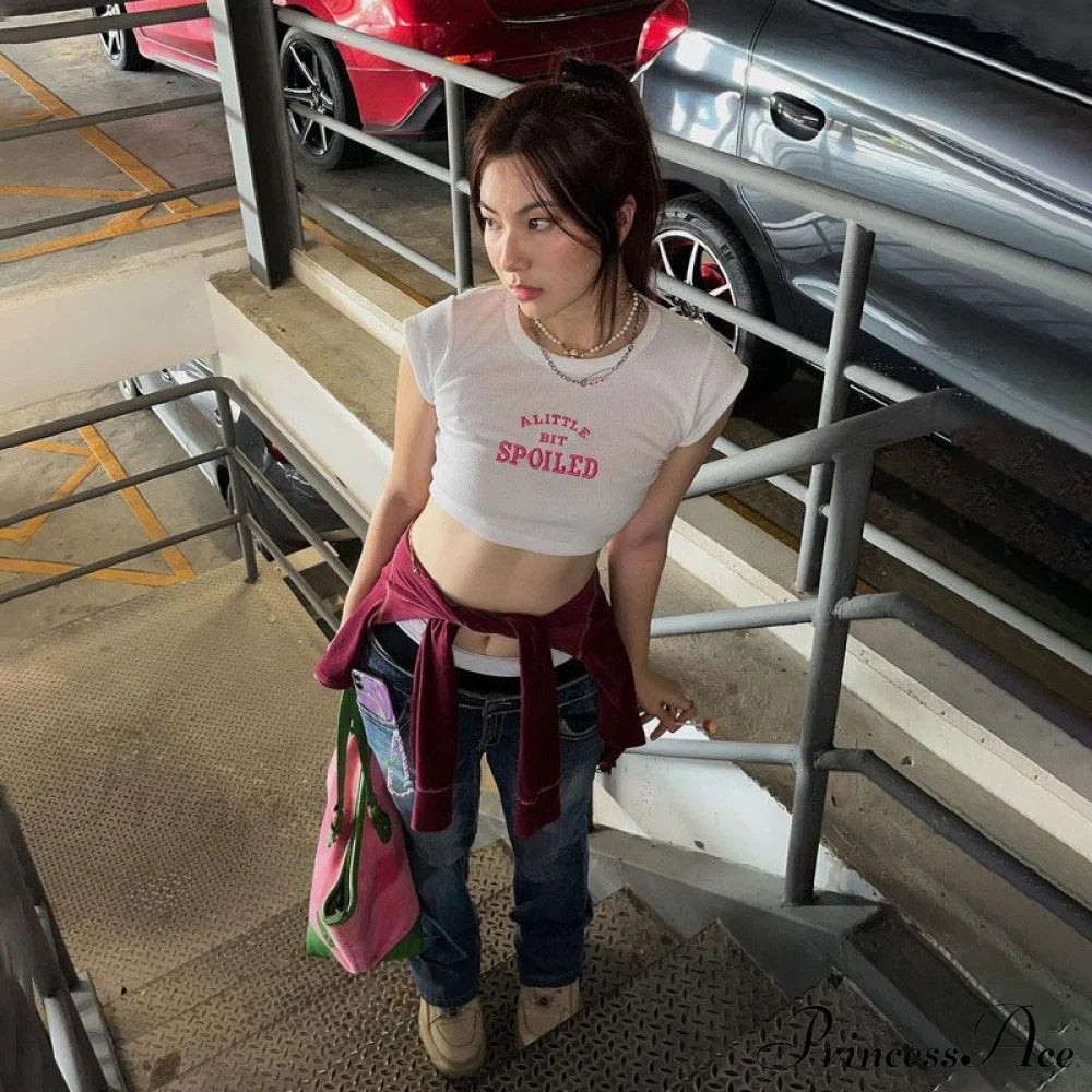 A Little Bit Spoiled Graceful White Graphic Crop Top Shirts & Tops