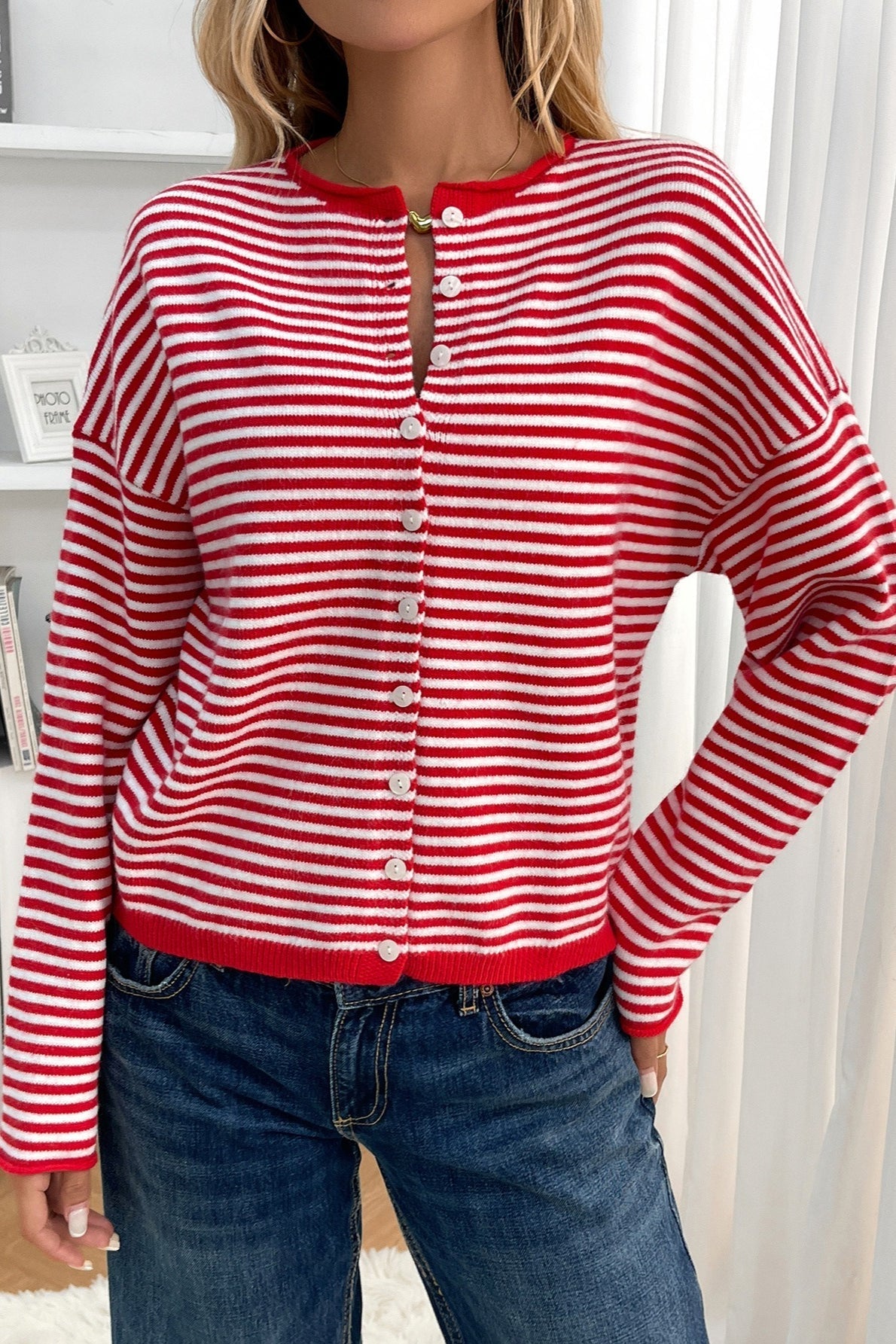 Striped Knit Round Neck Cardigan S / Red