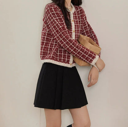 Plaid Tweed Retro Red O-Neck Cardigan