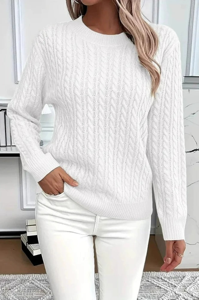 Casual Round Neck Knit Sweater White / S