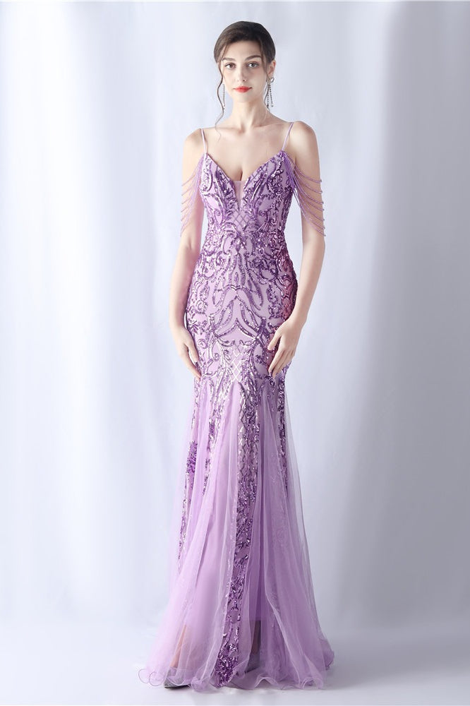 Beaded Mesh Cocktail Maxi Dress