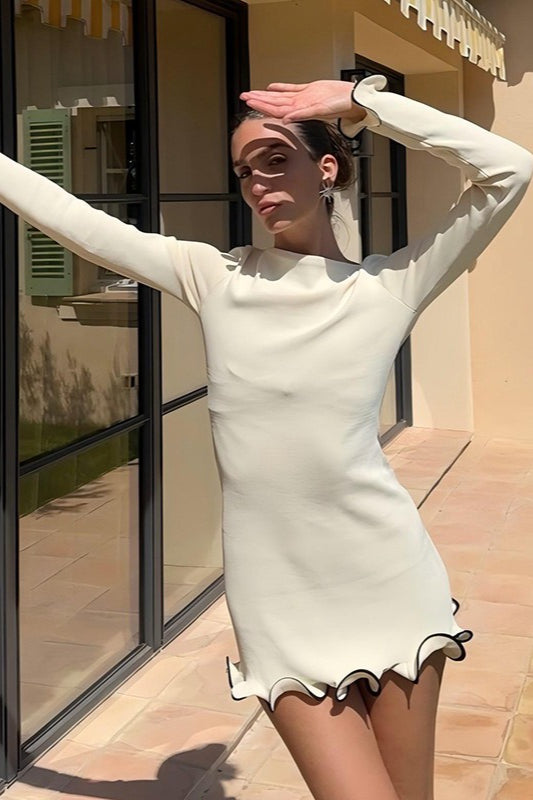 Elegant Round Neck Ruffle Cocktail Dress S / White