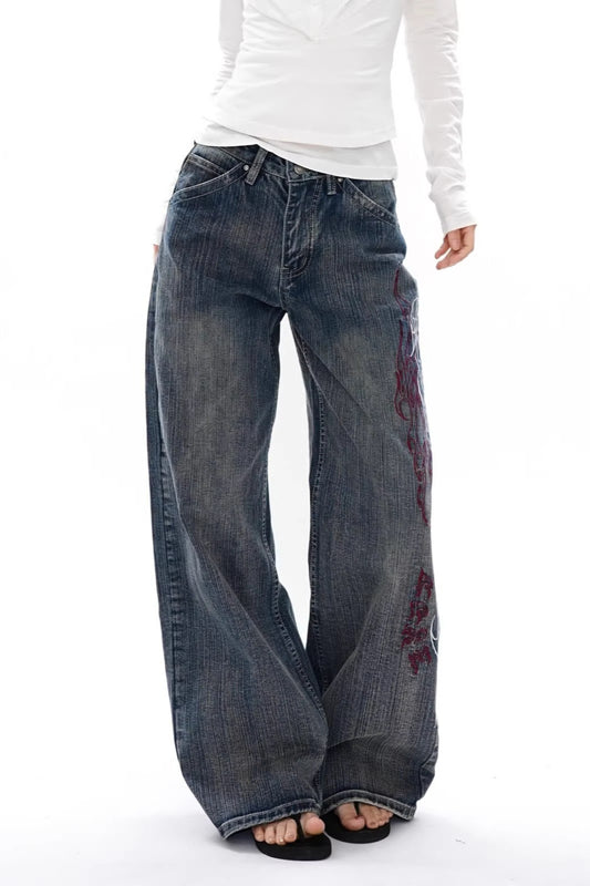 Side Embroidered Wide Leg Jeans