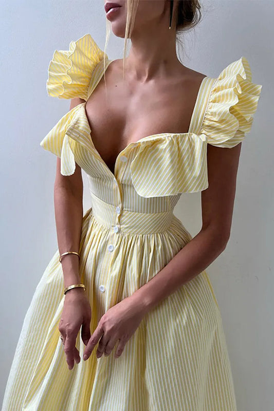 Kleid mit Rüschen, Streifen, quadratischem Kragen und Blumenmuster