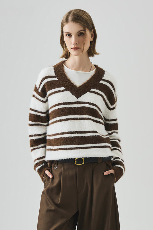 Striped V Neck Loose Long Sleeve Knit Sweater