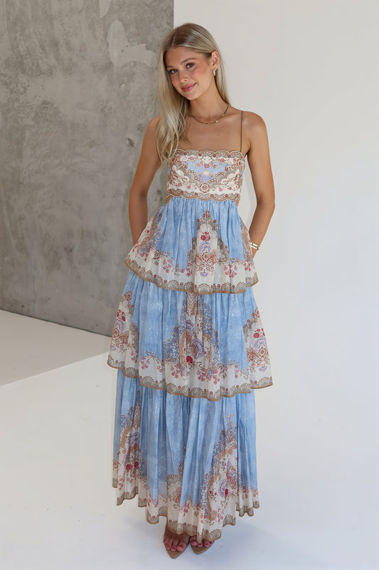 Embroidered Tiered Backless Maxi Dress