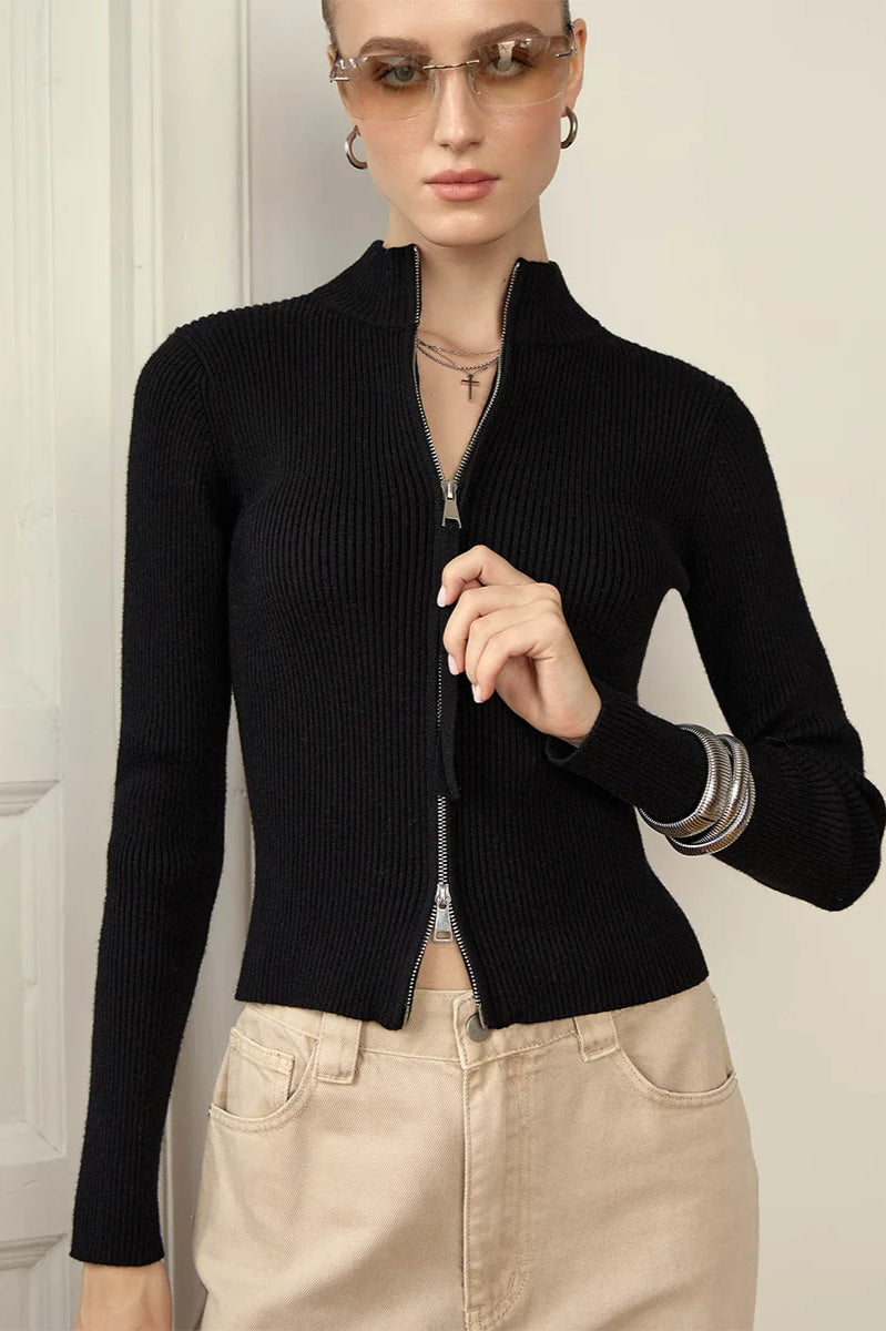 Casual Zip Front Knit Cardigan