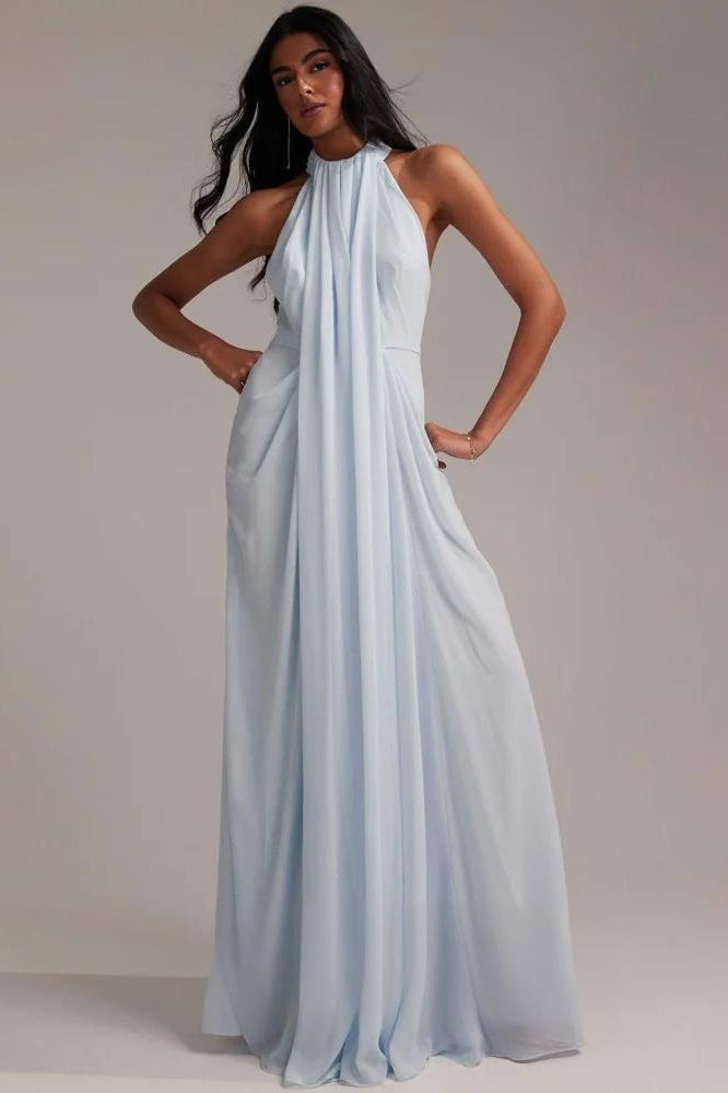 Elegant Halter Light Blue Maxi Party Dress