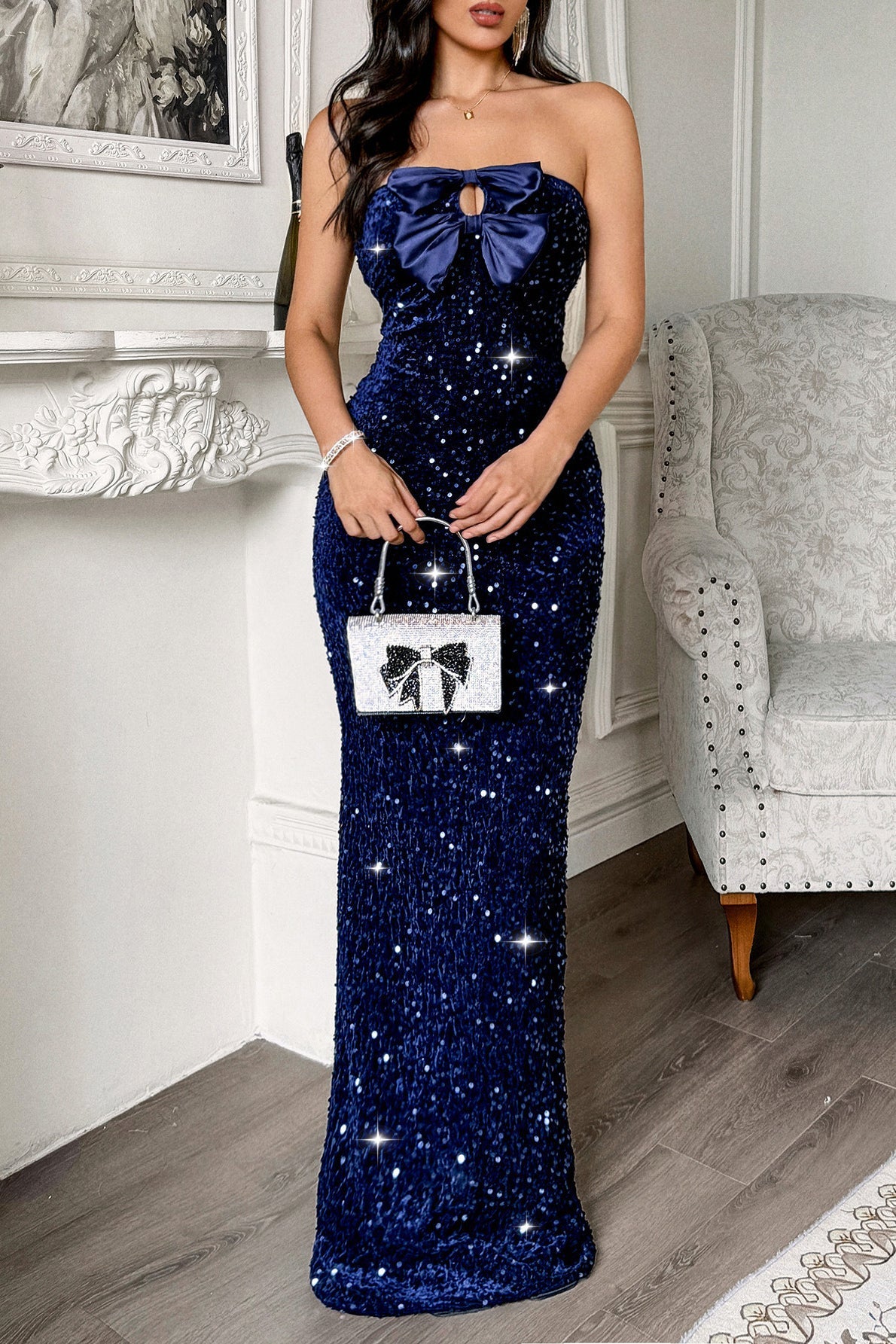 Elegant Strapless Formal Maxi Dress Blue / S