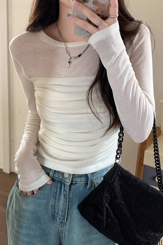 Ruched Front Sheer Long Sleeve Tee
