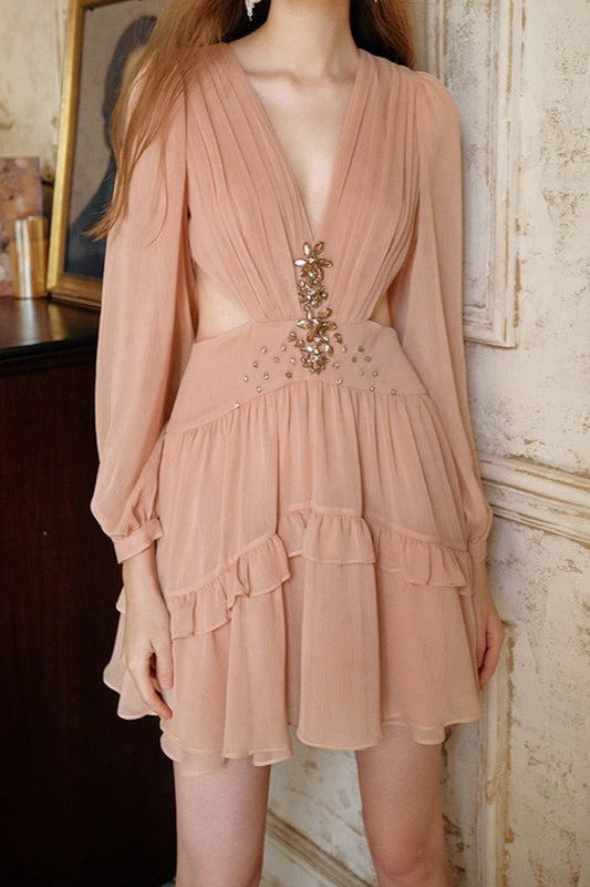 Elegant Deep V Cut Out Waist Rhinestone Chiffon Mini Dress