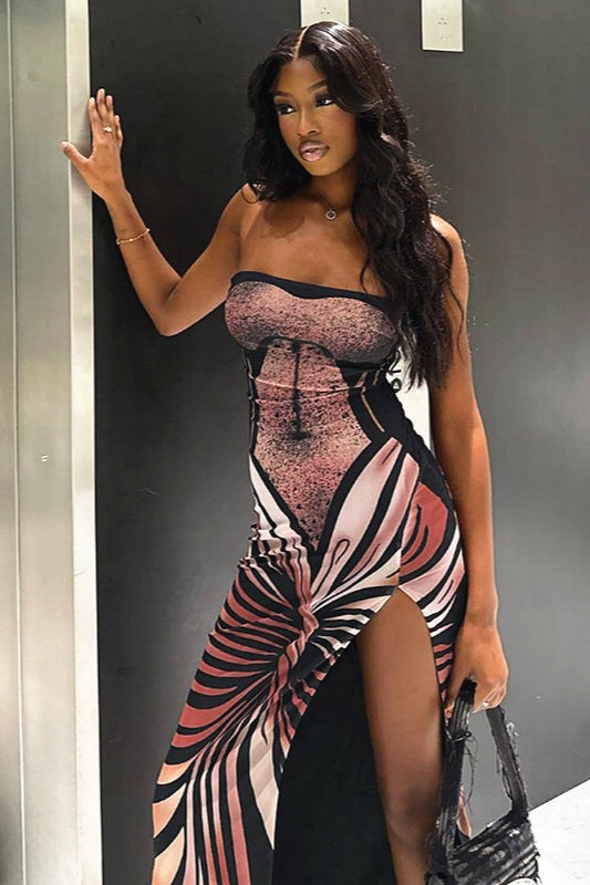 Printed 3D Print Slit Maxi Maxi Dress