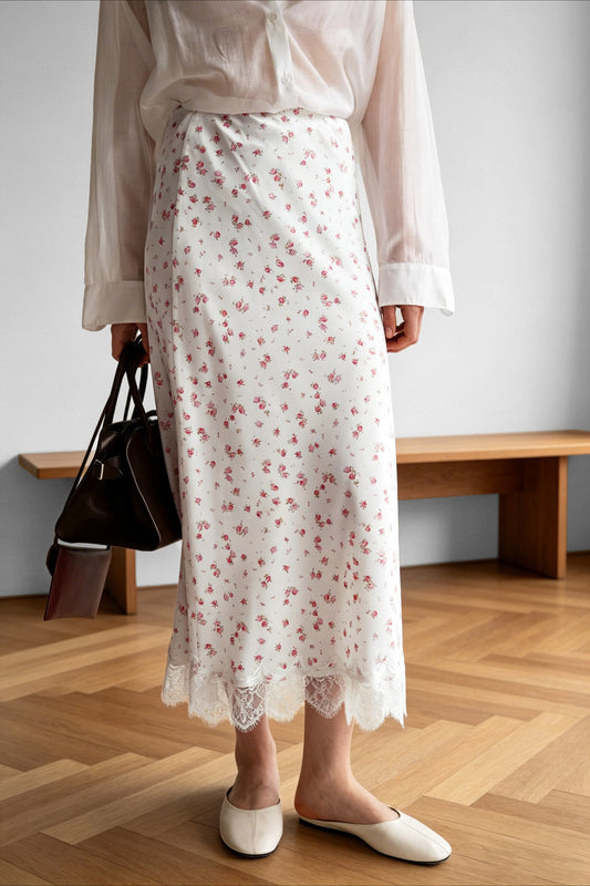 Floral Lace-Hem Maxi Skirt
