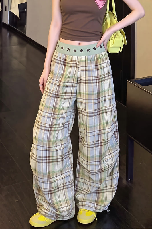 Star Waist Plaid Wide Leg Pants