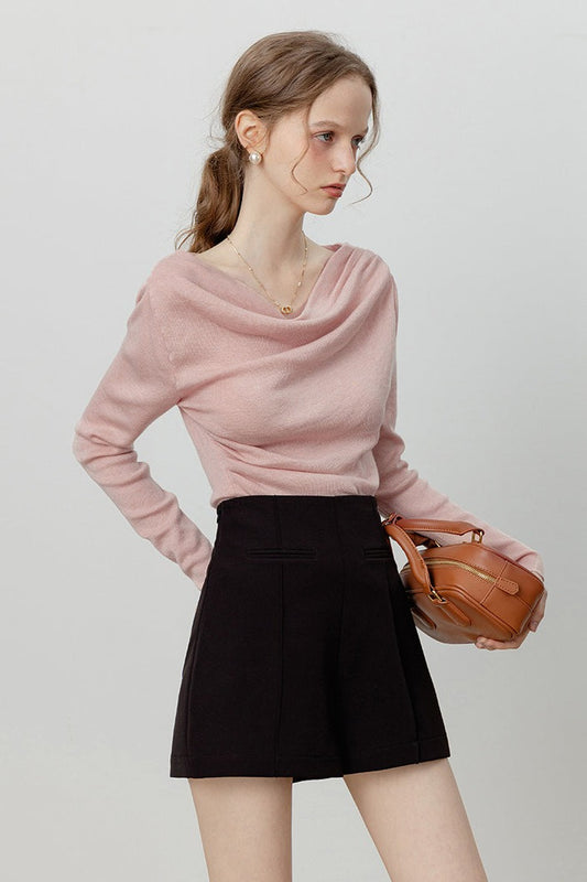 Off-Shoulder Draped Collar Waist-Cinched Knit Top