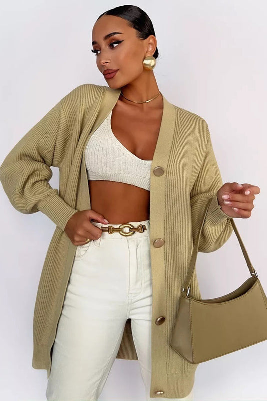 Solid Color Relaxed Knit Cardigan S / Tan