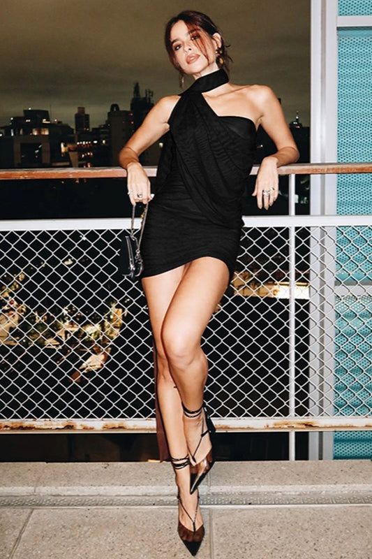 Sheer Tie Neck Bodycon Cocktail Dress