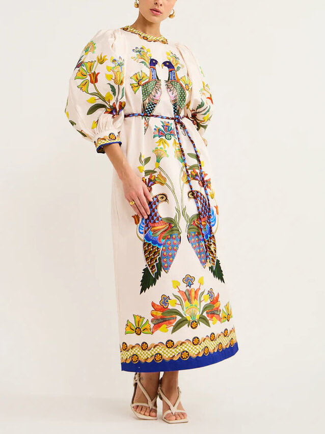 Exquisite And Fun Printed Puff Trendy Sleeves Loose Casual Midi Dress