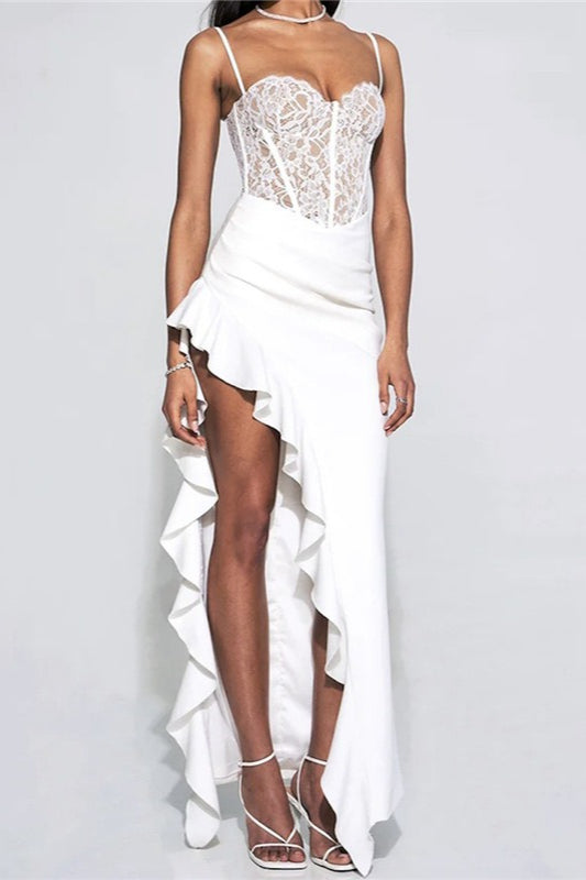 Lace Ruffle Hem Bodycon Cocktail Dress S / White