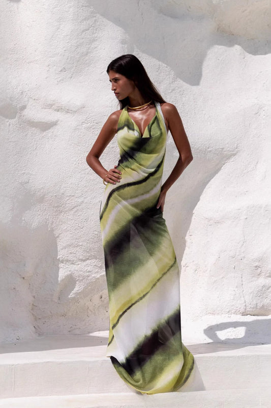 V-Neck Bodycon Backless Digital Print Silk Maxi Dress